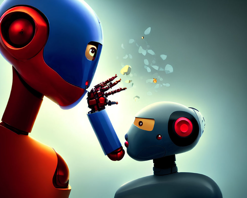 Stylized robots blowing digital bubbles - red accents on larger robot, black and red features on smaller