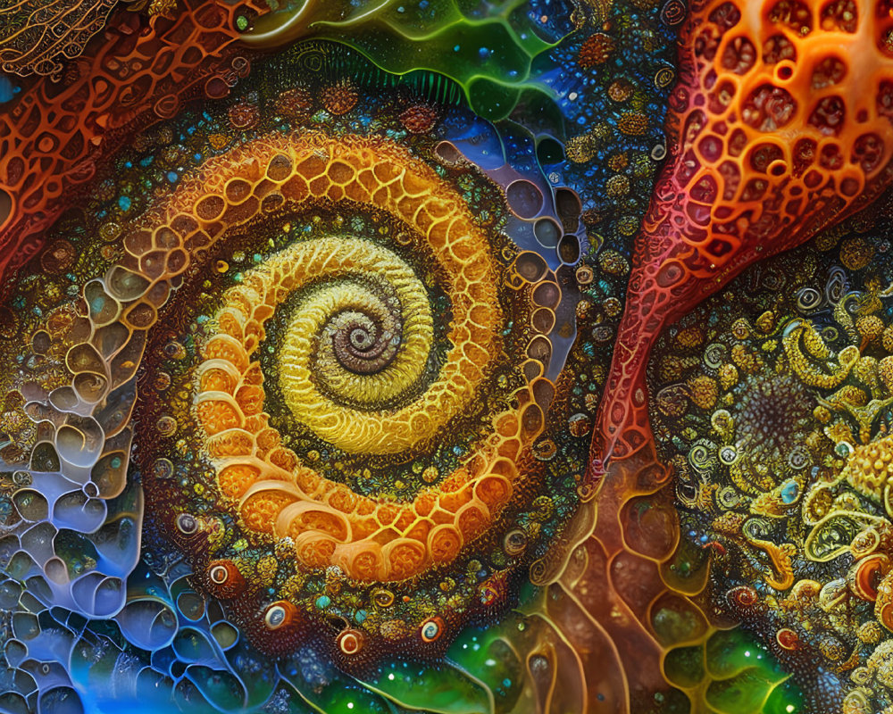 Colorful Spiral Pattern Surrounded by Marine Life and Coral Designs