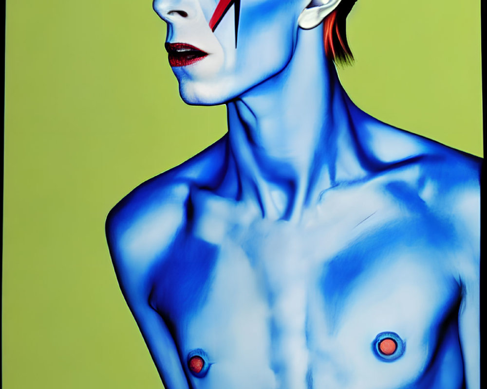 Colorful portrait of person with red lightning bolt, blue body paint, and intense gaze on yellow backdrop