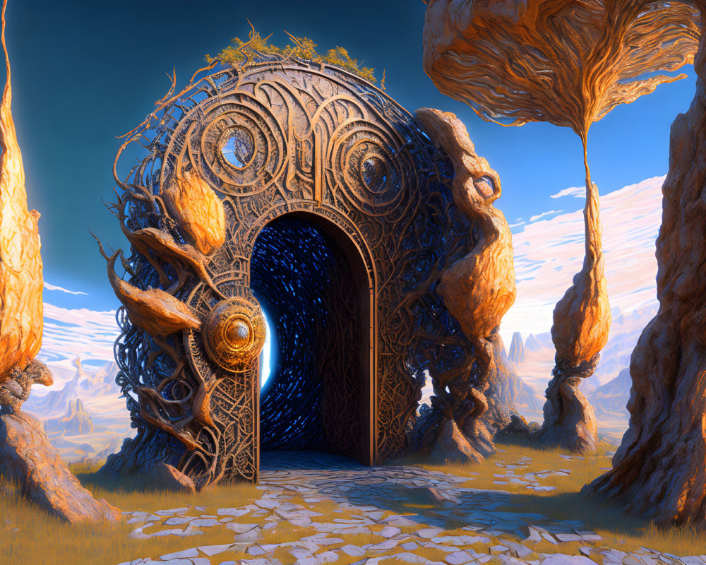 Intricate Carvings on Mystical Archway in Alien Landscape