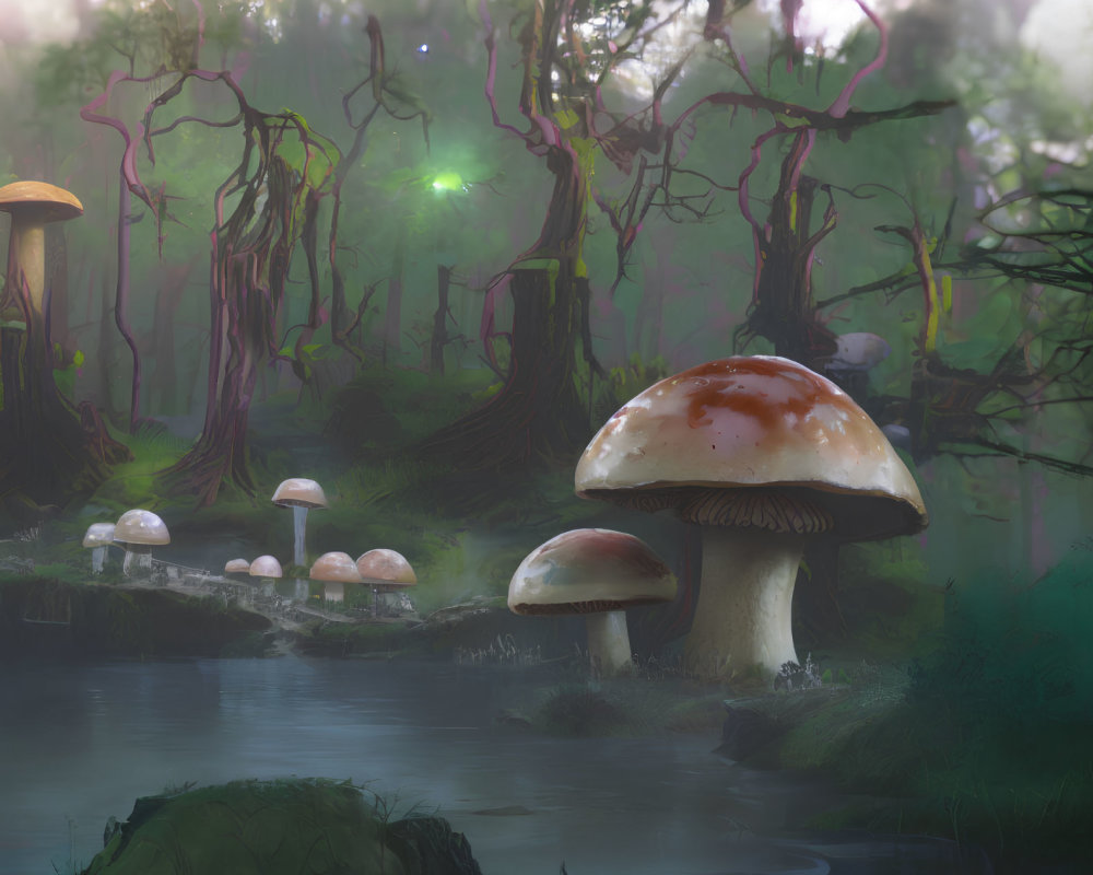 Enchanting forest scene with oversized mushrooms, mist, twisted trees, and green glow