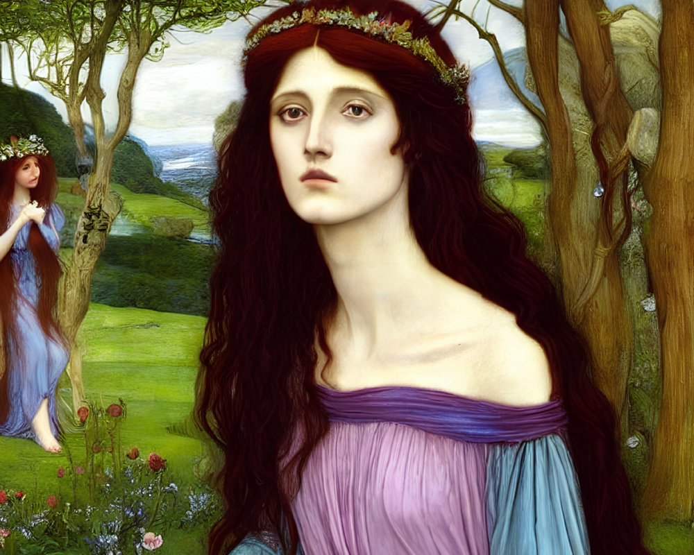 Pre-Raphaelite Style Painting of Woman in Red Headband and Purple Dress