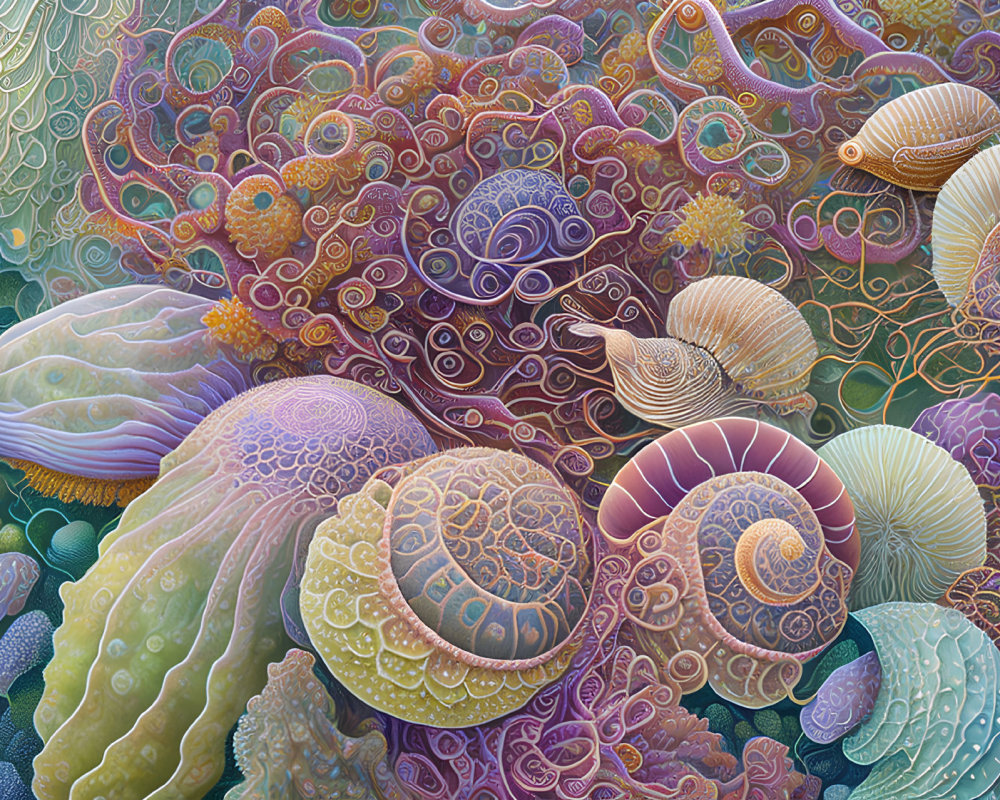 Colorful Stylized Marine Life Artwork in Swirling Patterns