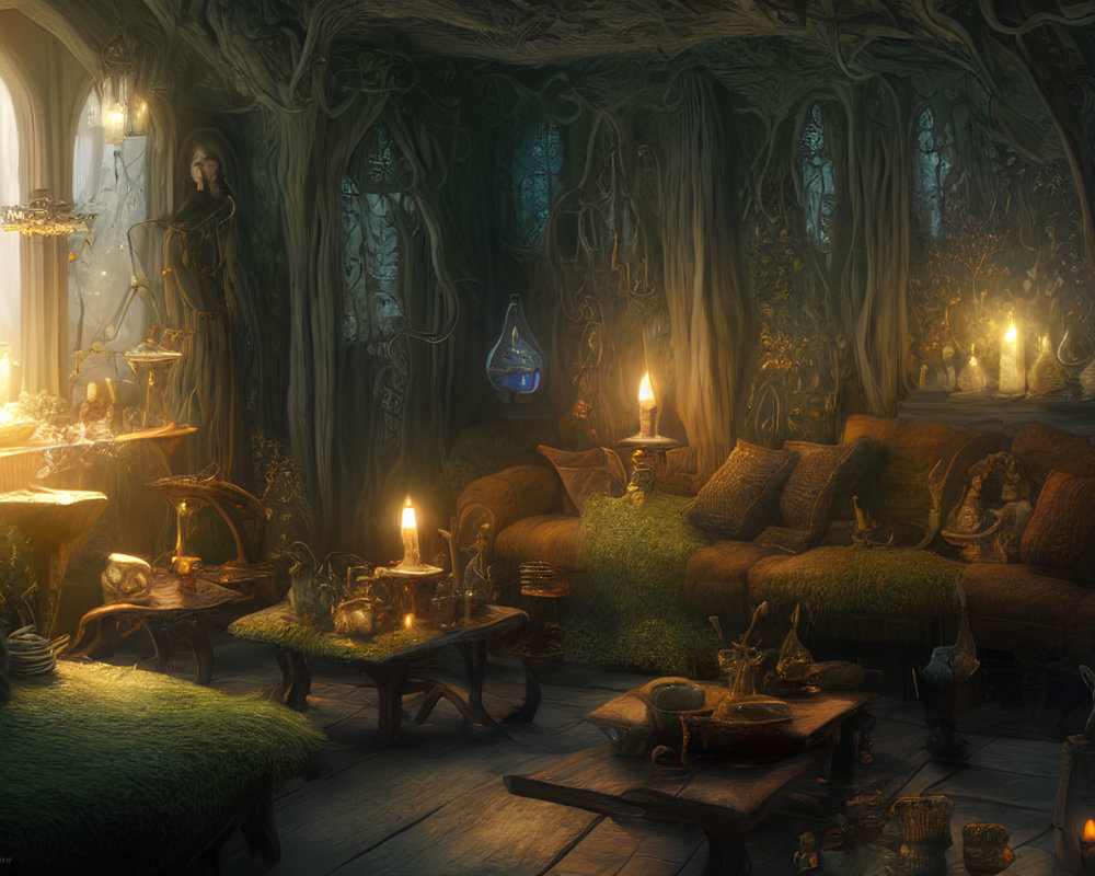 Mystical candlelit interior with lush greenery and figure by window