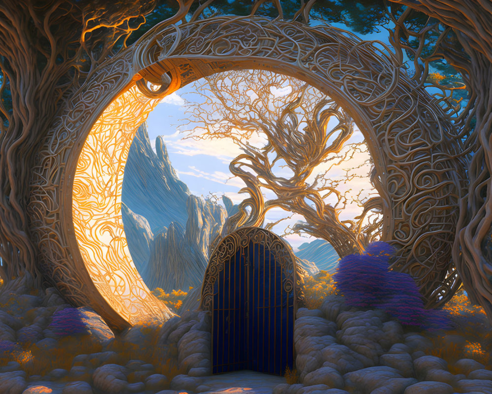 Circular Tree Gateway Revealing Mountain Landscape at Sunset