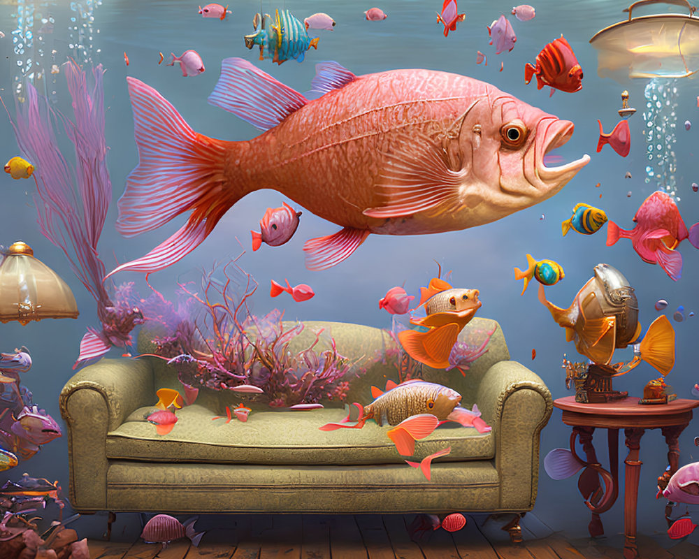 Colorful Fish Swim in Vintage Living Room Setup