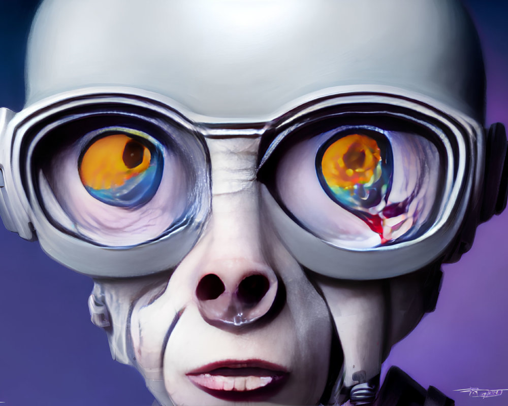 Character portrait with large goggles and futuristic elements on blue background