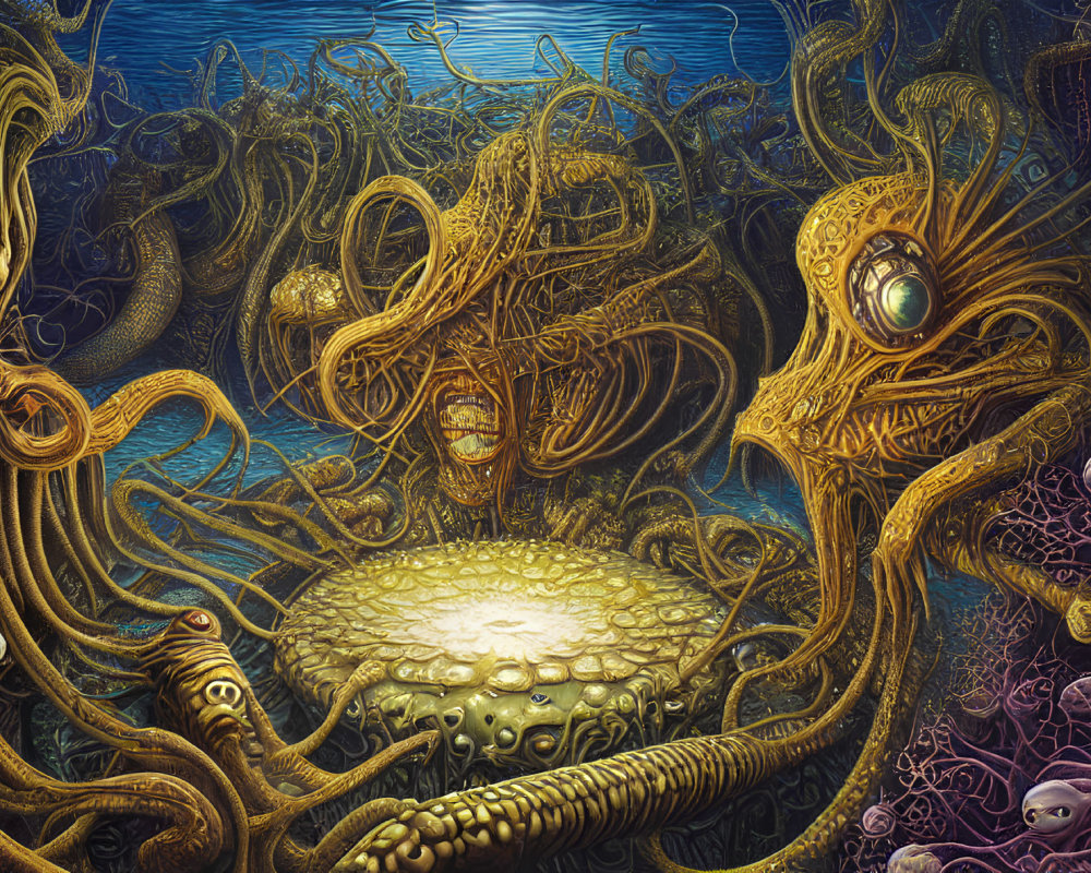 Detailed underwater scene with glowing orb and octopus-like creatures