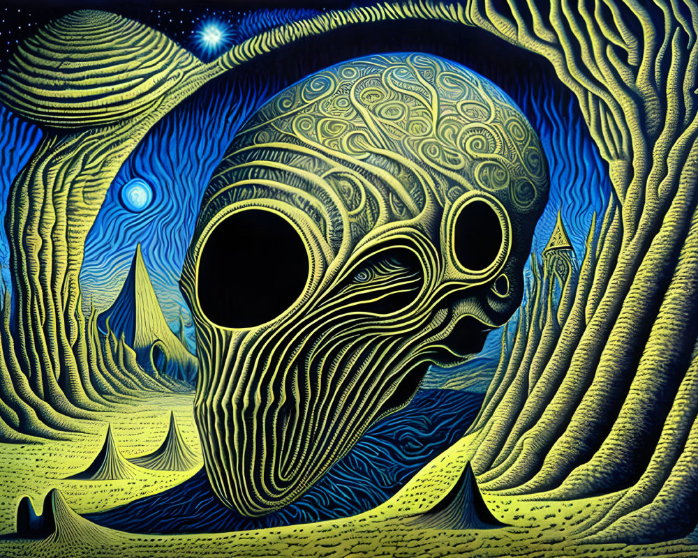 Psychedelic skull illustration with intricate patterns and celestial landscape