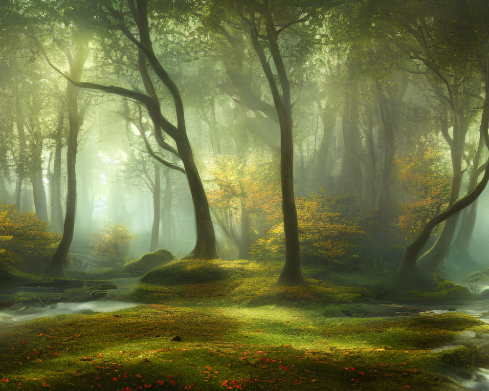 Tranquil forest landscape with sunlight, green foliage, stream, and autumn leaves