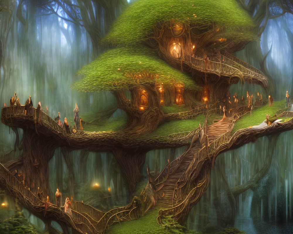 Elaborate treehouse in enchanted forest with warm lights