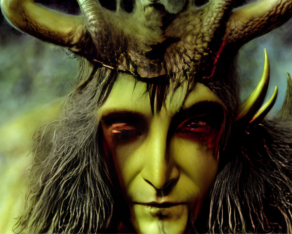 Fantastical creature with horns, pointed ears, red eyes, greenish skin, and wild hair