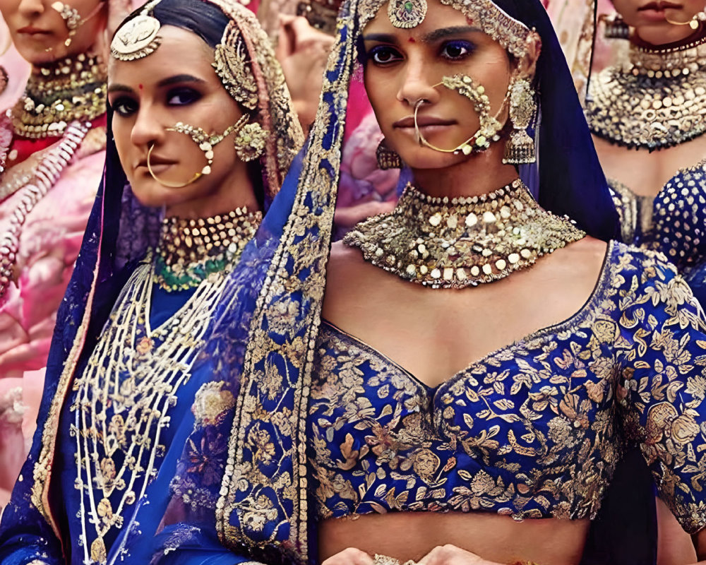 Traditional Indian bridal attire: Women in blue and gold with elaborate jewelry