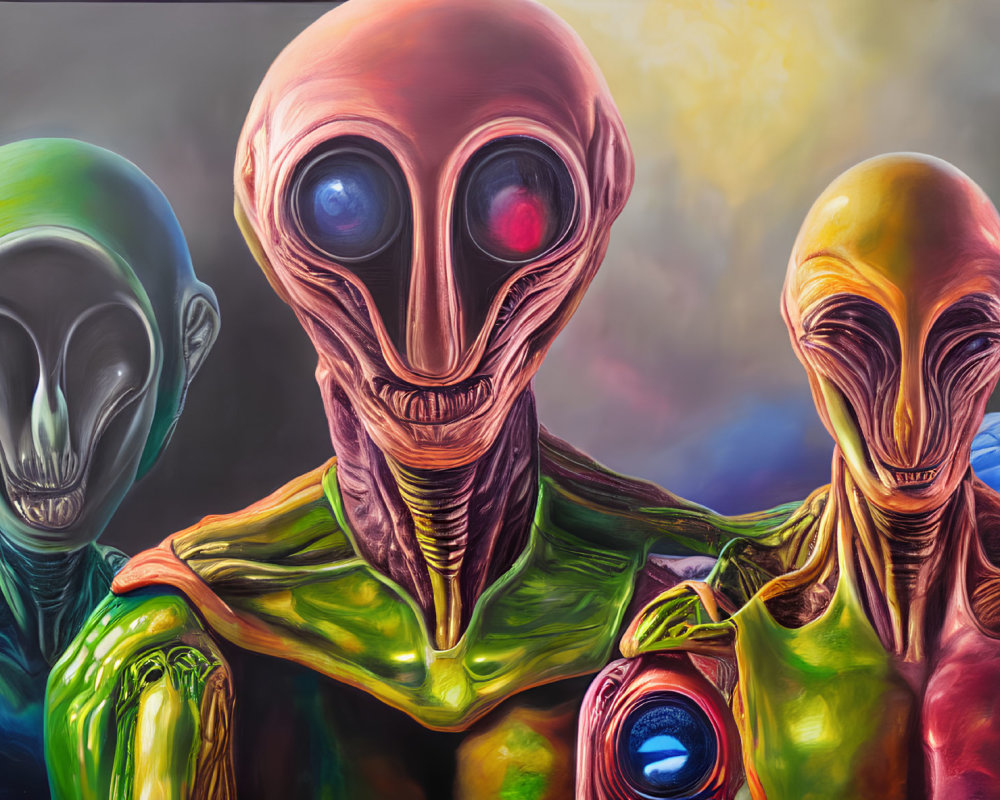 Colorful surreal painting: Four humanoid alien figures with large eyes and elongated heads on abstract background