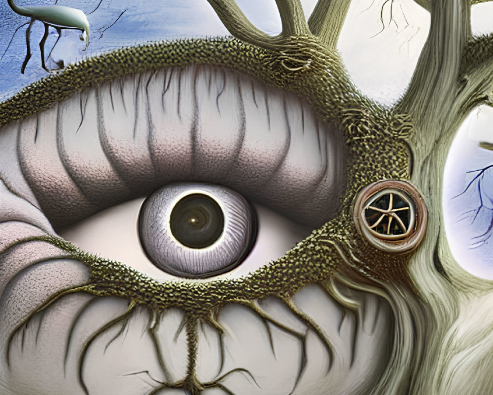 Surreal painting of tree with human-like eye in moody landscape