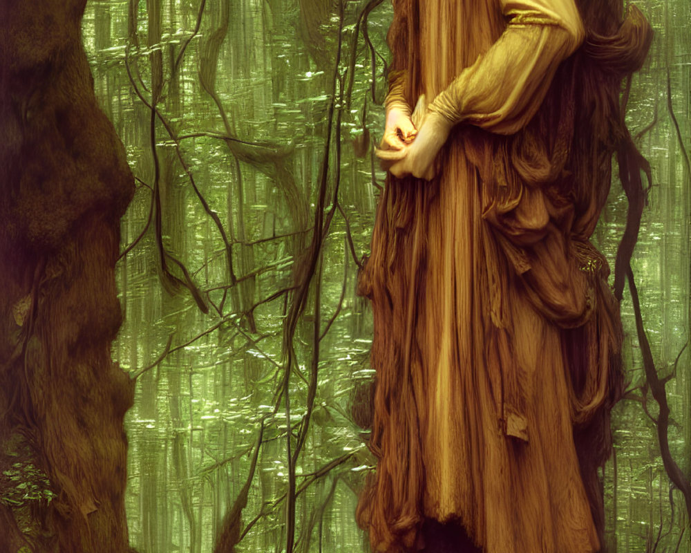 Medieval bearded man in thoughtful forest scene