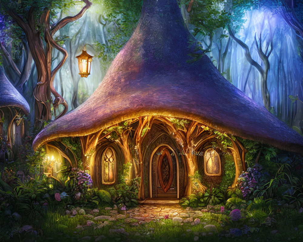 Whimsical mushroom-shaped house in enchanting forest scene