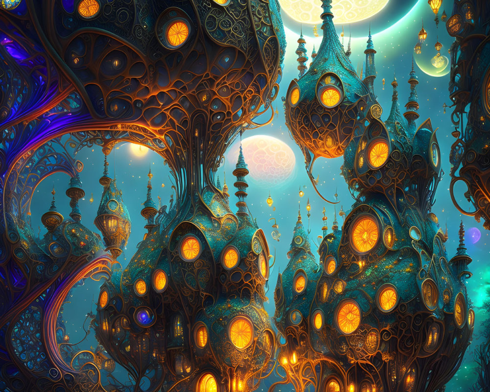 Fantastical Night Cityscape with Glowing Buildings and Celestial Moons