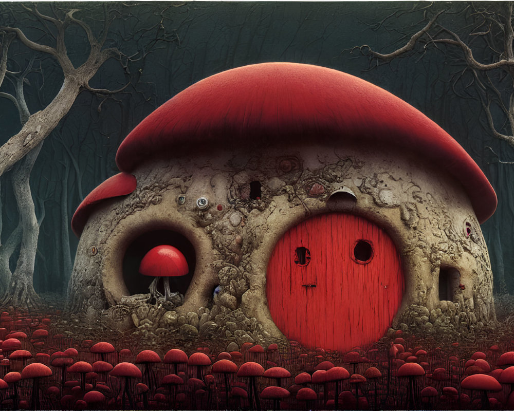 Whimsical illustration of a red-capped mushroom house in eerie forest