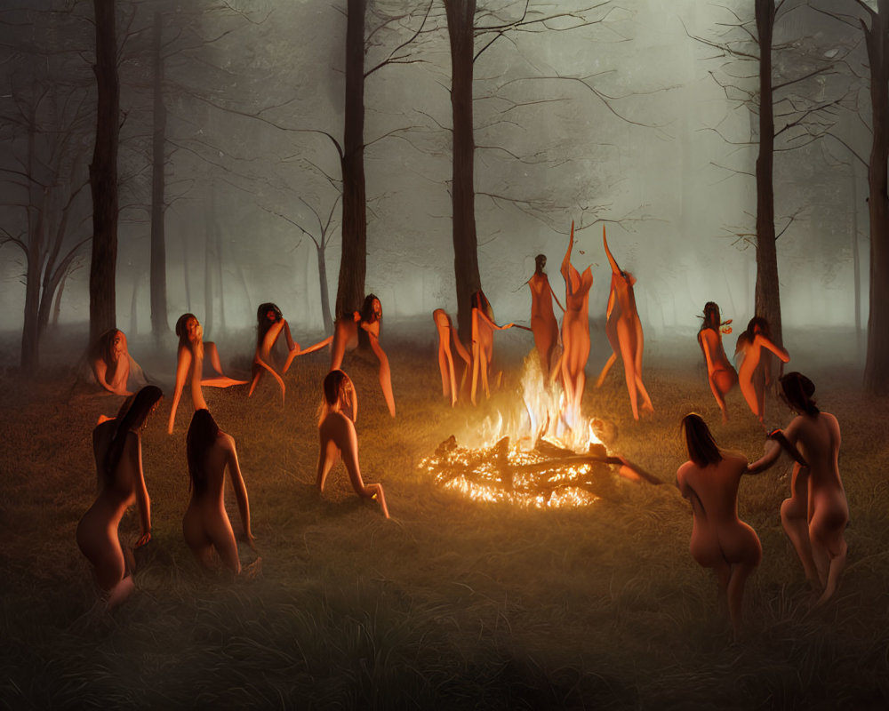 Nude individuals dance around bonfire in misty forest