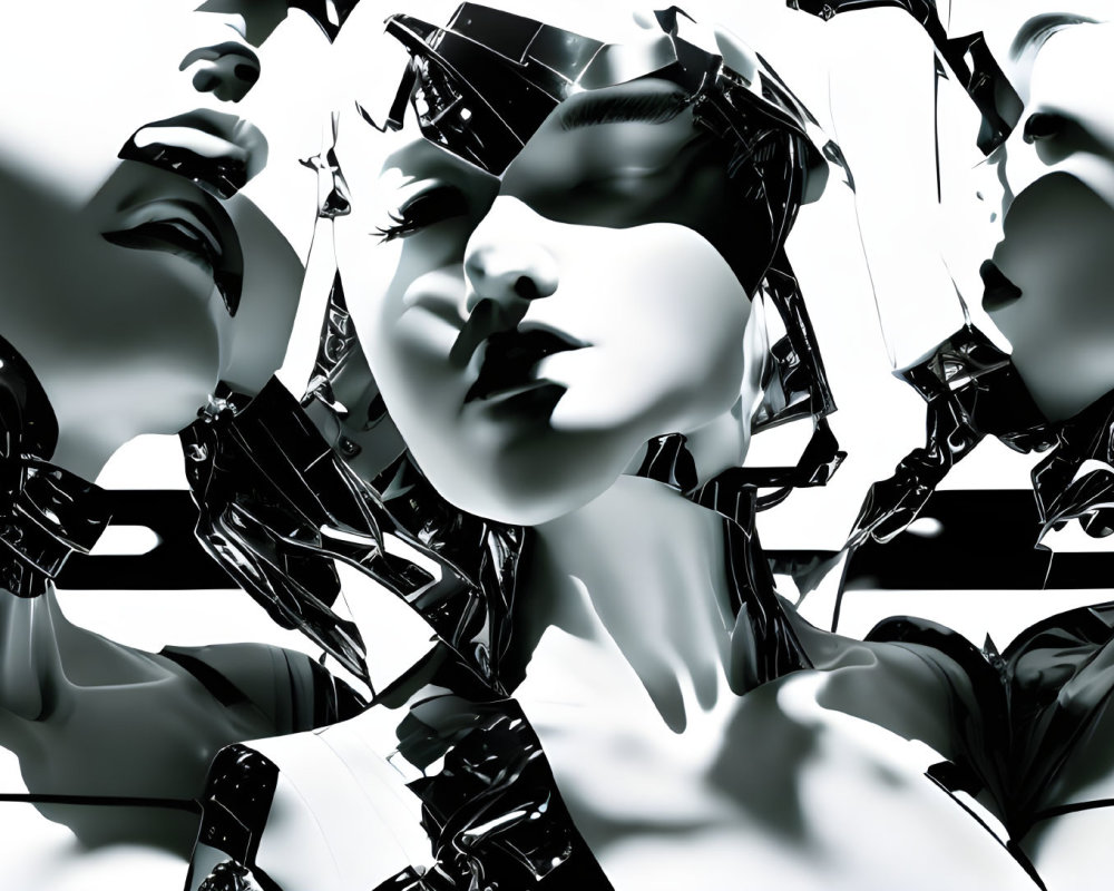 Monochrome digital art of futuristic humanoid faces closely clustered together