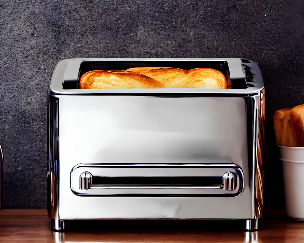 Modern Chrome Toaster with Two Slices of Bread on Wooden Table