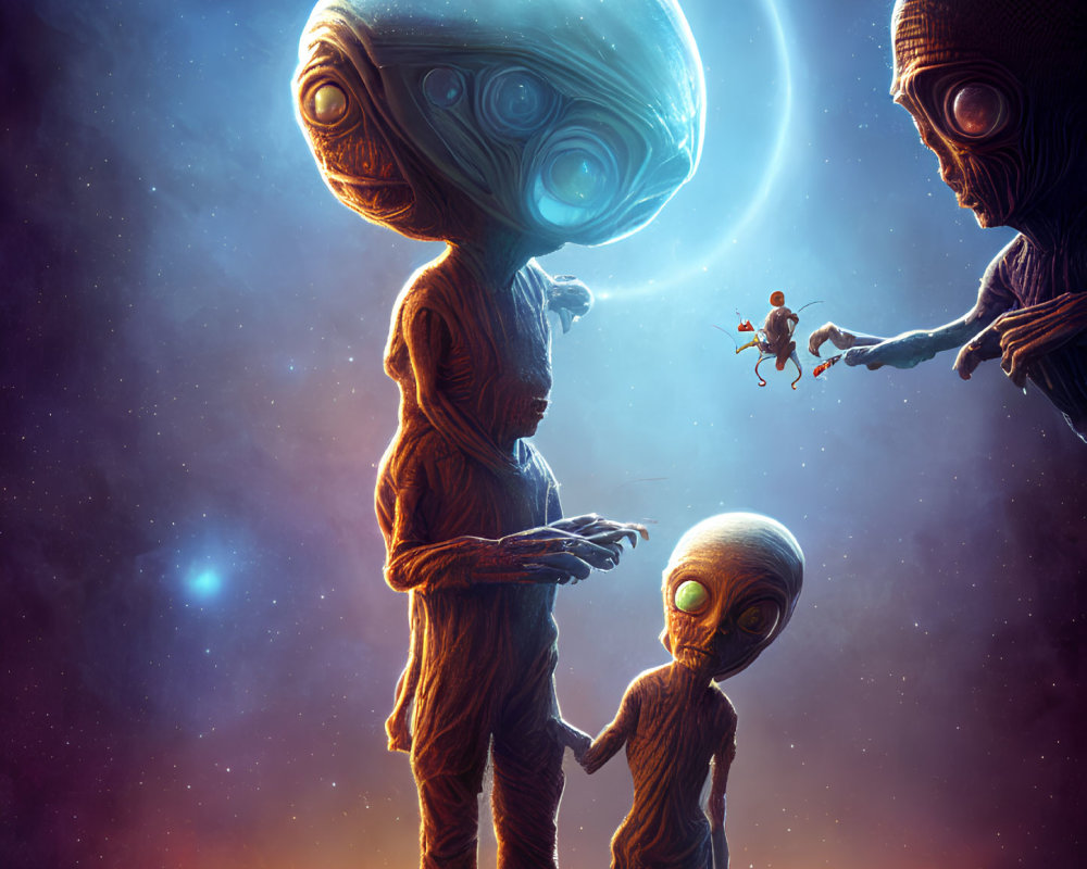 Alien beings with large heads and eyes and astronaut in cosmic scene