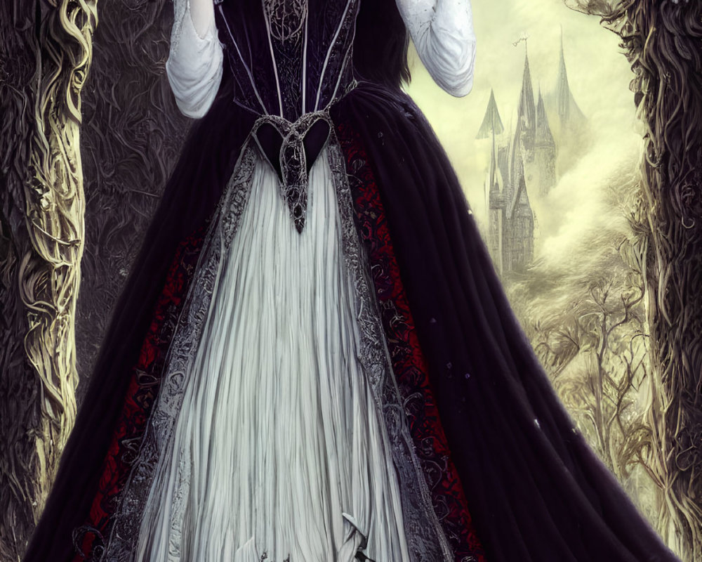 Gothic woman in black and silver dress in front of foggy forest and castle