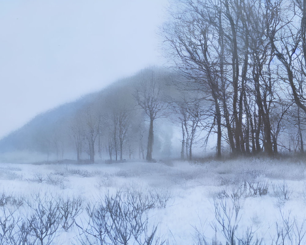 Winter Landscape: Snow-covered Field, Bare Trees, Misty Hills