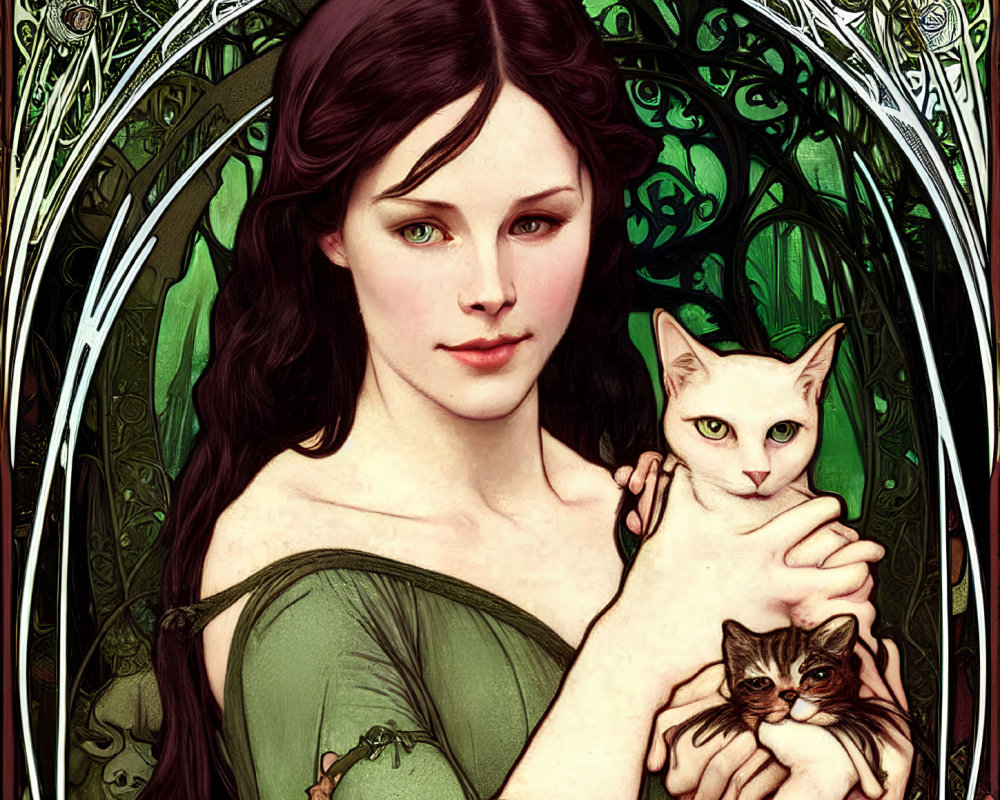 Woman in green dress with two cats against Art Nouveau backdrop