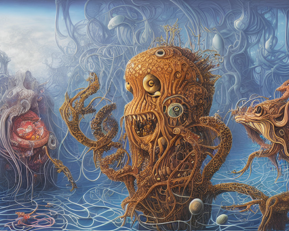 Intricate surreal art: tentacled creatures, multiple eyes, blue background.