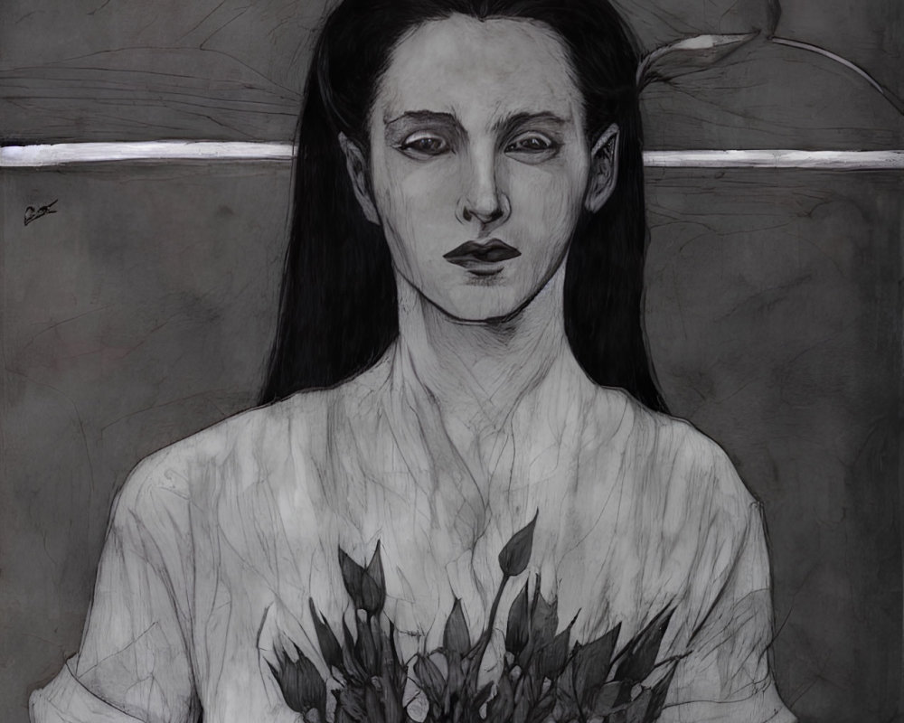 Monochromatic illustration: Woman with dark hair holding bouquet