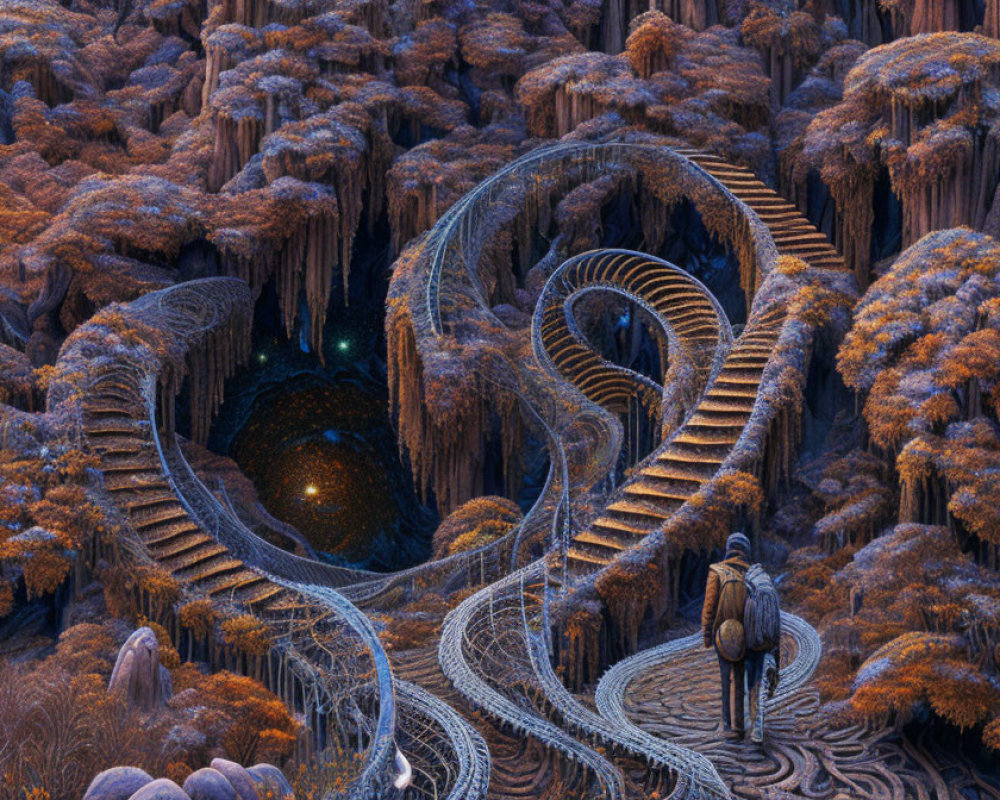 Intricate Spiral Pathways in Orange Forest Landscape