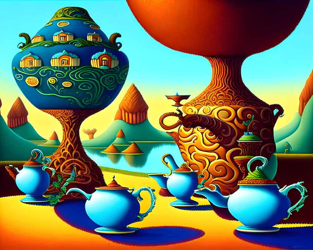 Surreal landscape with teapot and cup structures in warm colors