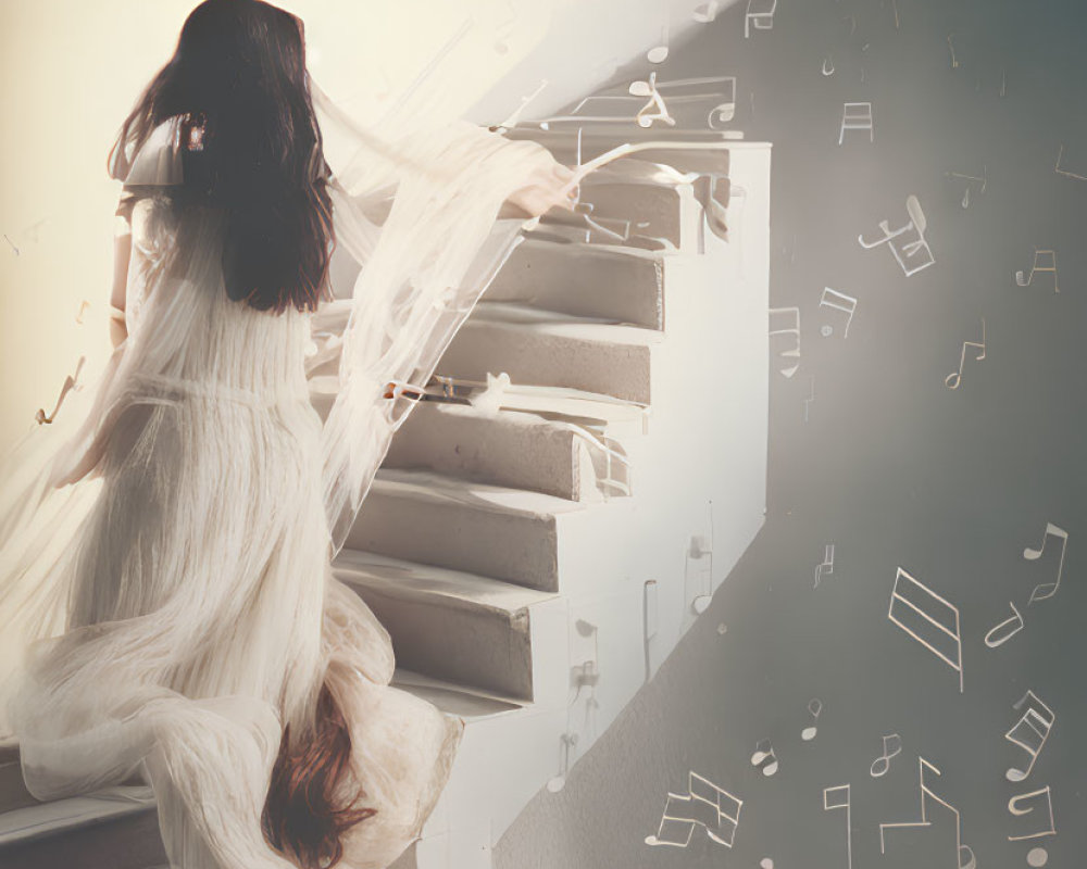 Woman in white dress on piano keyboard staircase with musical notes.