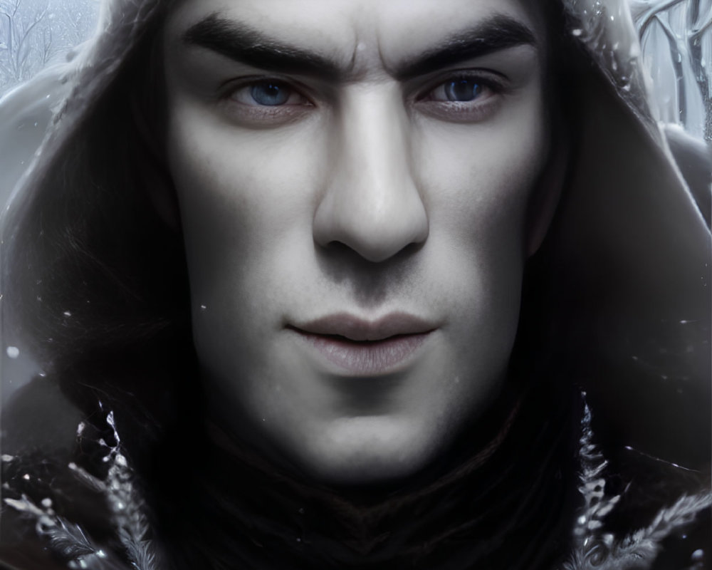 Male fantasy portrait with blue eyes, regal crown, winter cloak, forest backdrop