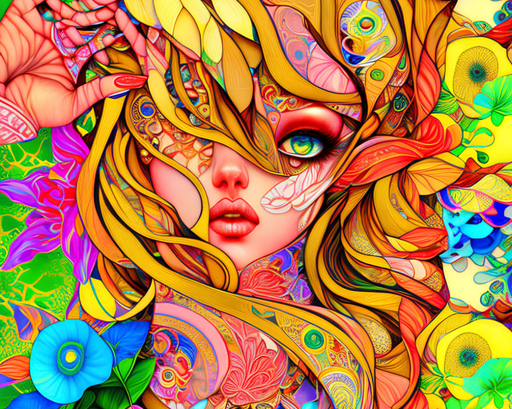 Colorful artwork featuring a woman amid psychedelic patterns and floral motifs