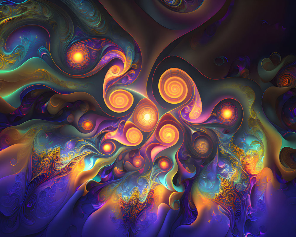 Colorful Fractal Design with Swirling Patterns and Glowing Orbs