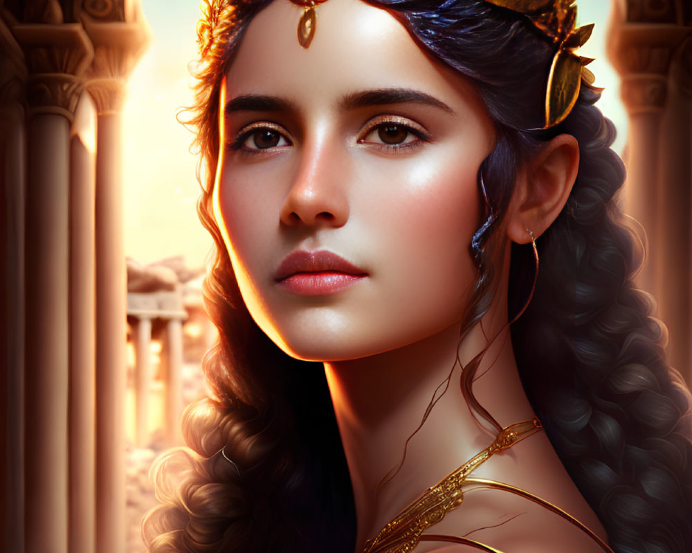 Digital Artwork: Woman with Golden Headpiece & Fantasy Theme