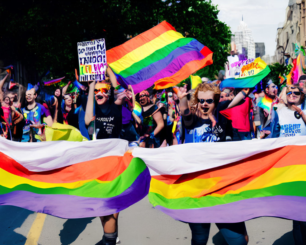 Colorful LGBTQ+ Pride Parade with Rainbow Flags and Celebration Signs