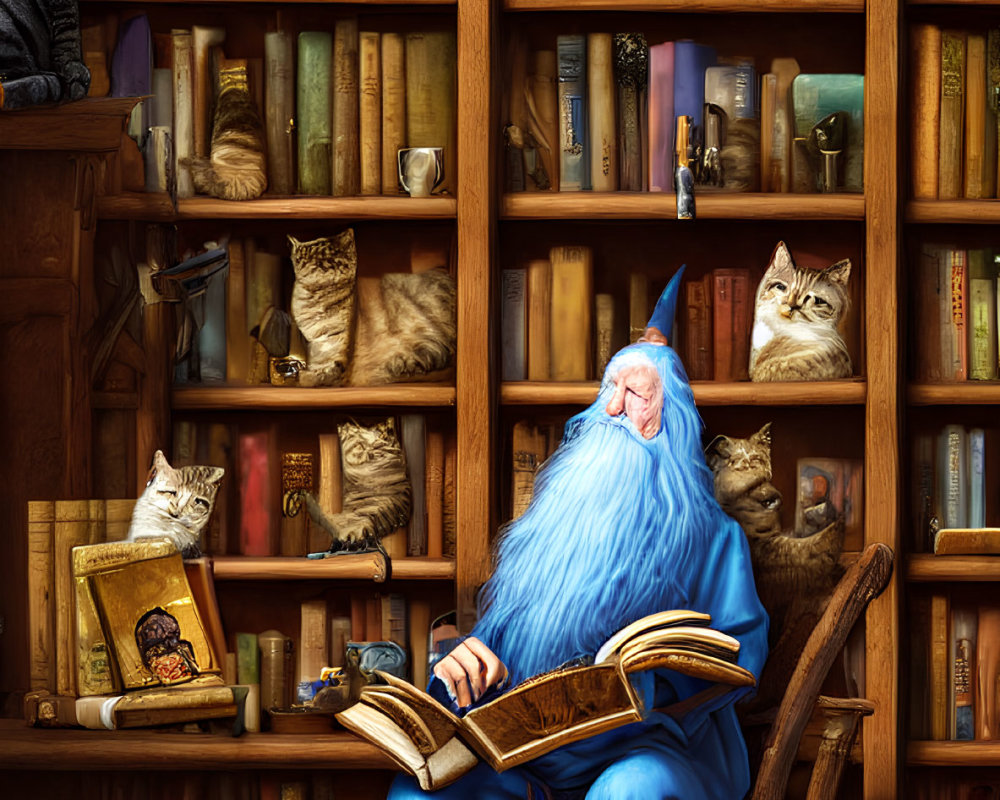 Wizard in Blue Robes Surrounded by Cats in Library Full of Books