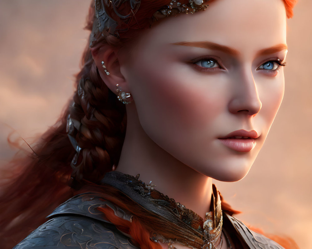 Digital portrait of woman with red braided hair, silver headpieces, blue eyes, and ornate