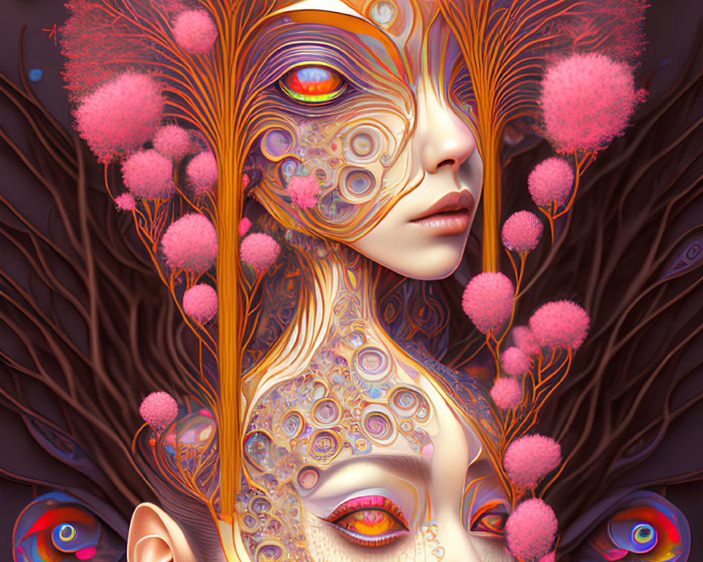 Surreal artwork featuring two female faces with intricate patterns and vibrant feathers.