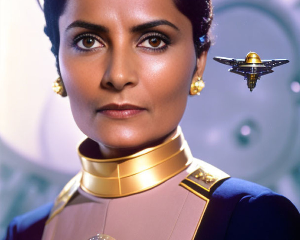 Sci-fi military woman in golden collar and cap with spaceship in futuristic backdrop