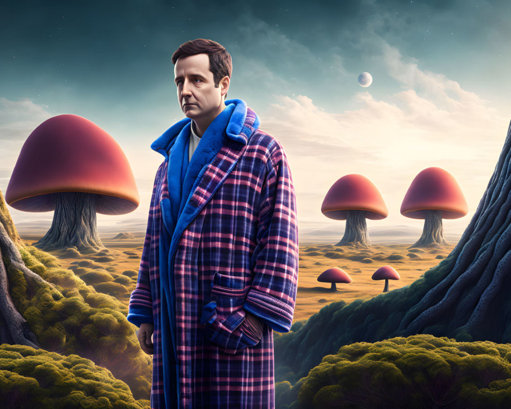 Man in plaid robe in fantasy landscape with giant red-capped mushrooms under twilight sky.