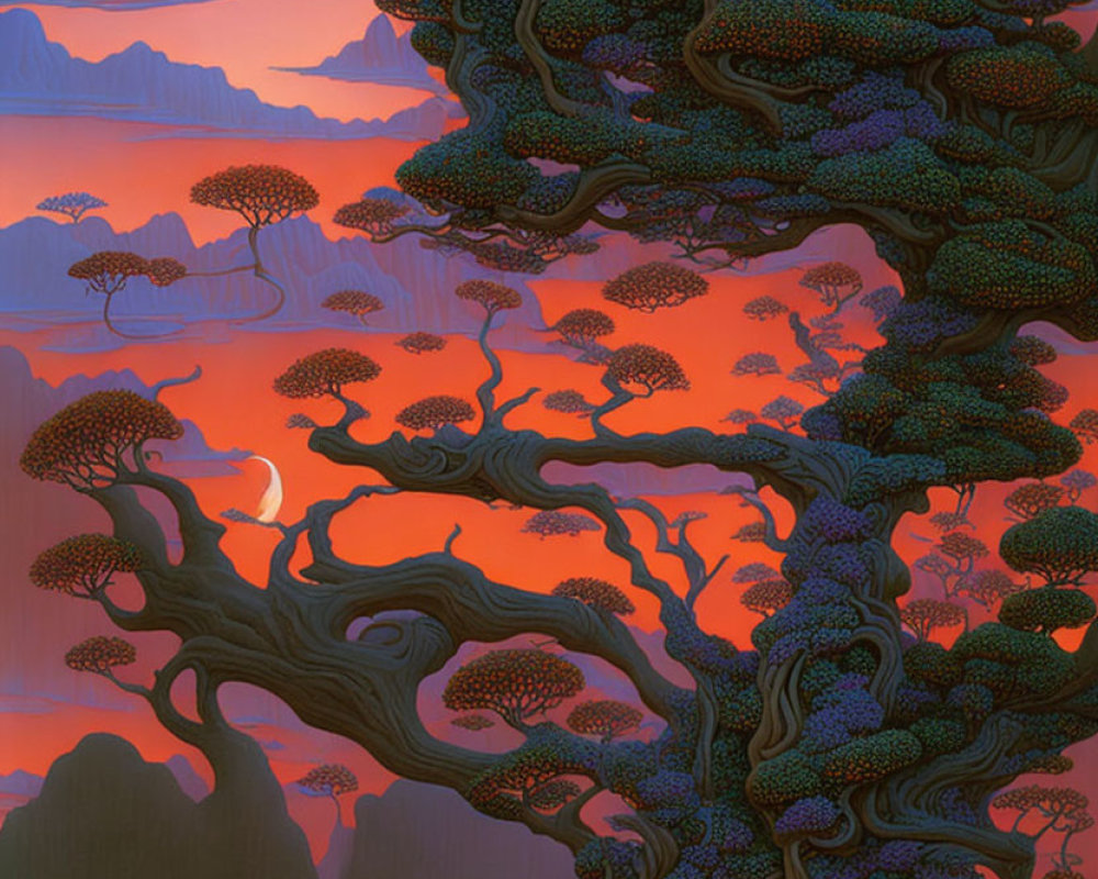 Intricate tree in fantastical landscape against purple-orange sunset.