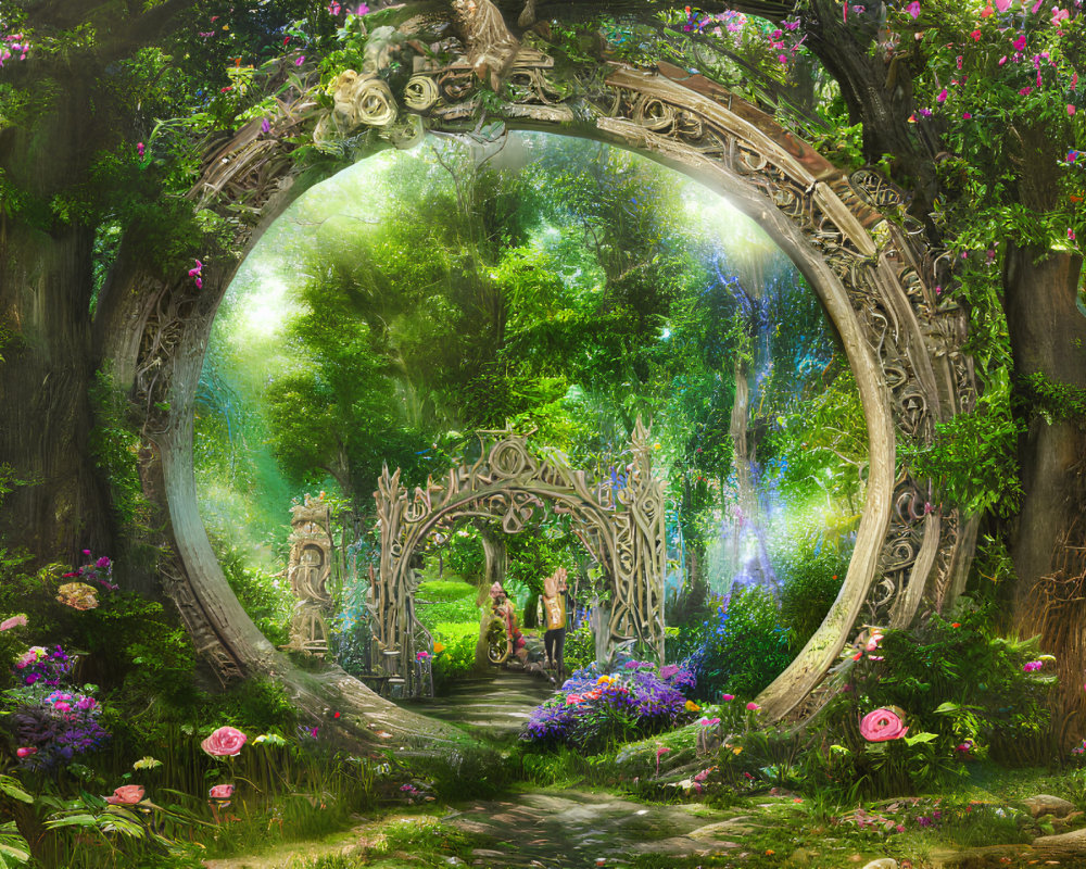 Circular gateway to lush forest with vibrant flowers and mystical glow.