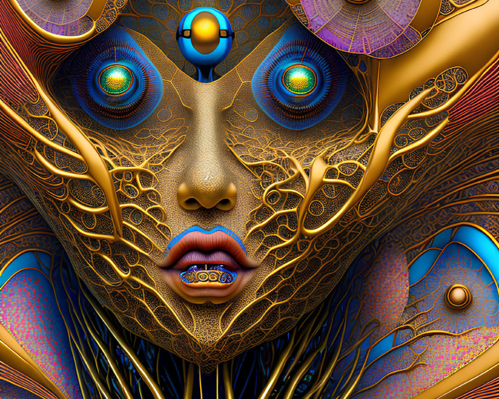 Colorful digital artwork: Face with multiple eyes and intricate patterns