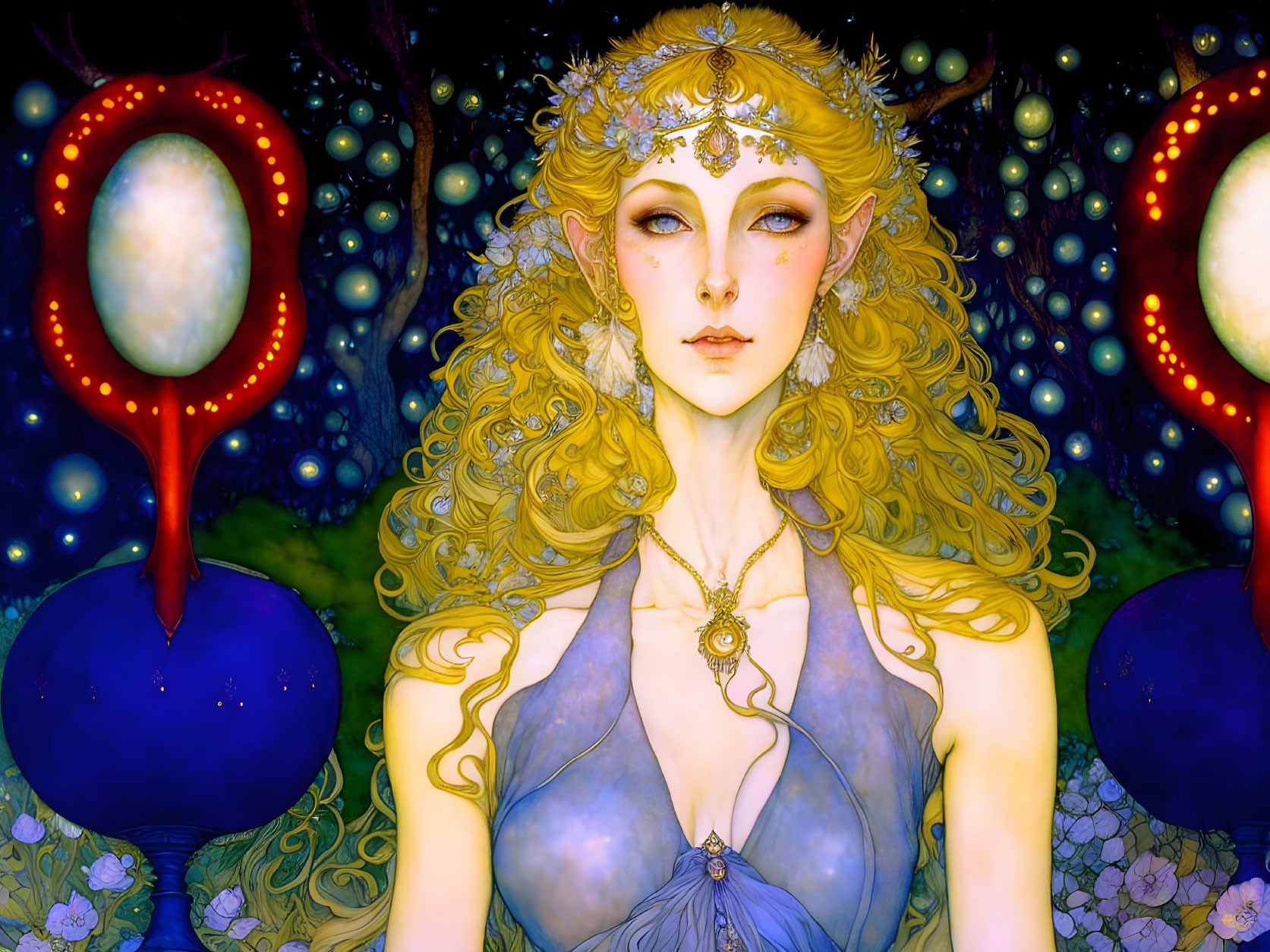 Fantasy illustration of woman with golden hair and blue gown in mystical night sky