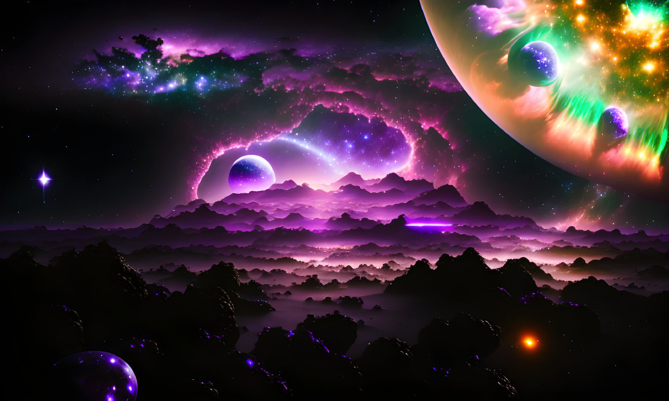 Colorful cosmic landscape with nebulae, moons, stars, and a planet on rocky terrain